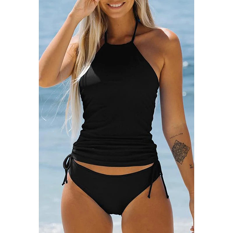 Women’s Two-Piece Tankini Swimwear – Elegant Solid Black Beach Set