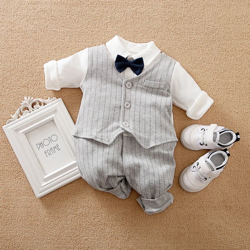 Handsome Gentleman Baby Romper – Soft Cotton Long Sleeve Bodysuit for Newborns