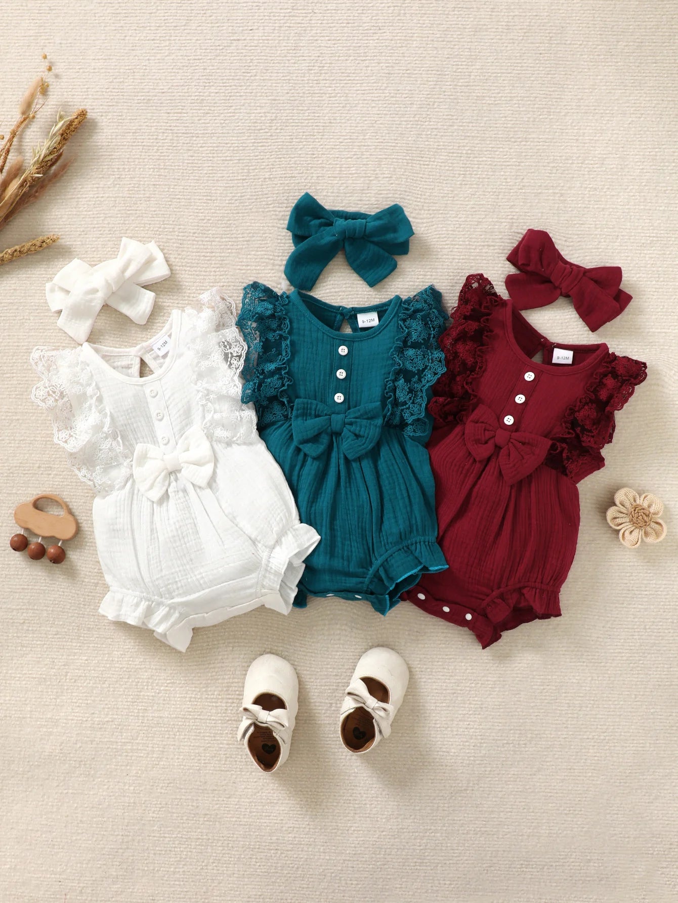 3PCS Baby Girl Lace Romper Set – Pure Color Outfit with Matching Headband