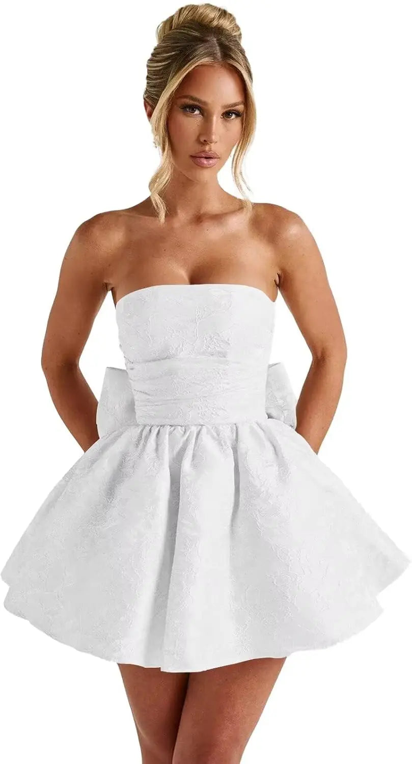 Make a dazzling entrance in this elegant strapless homecoming dress