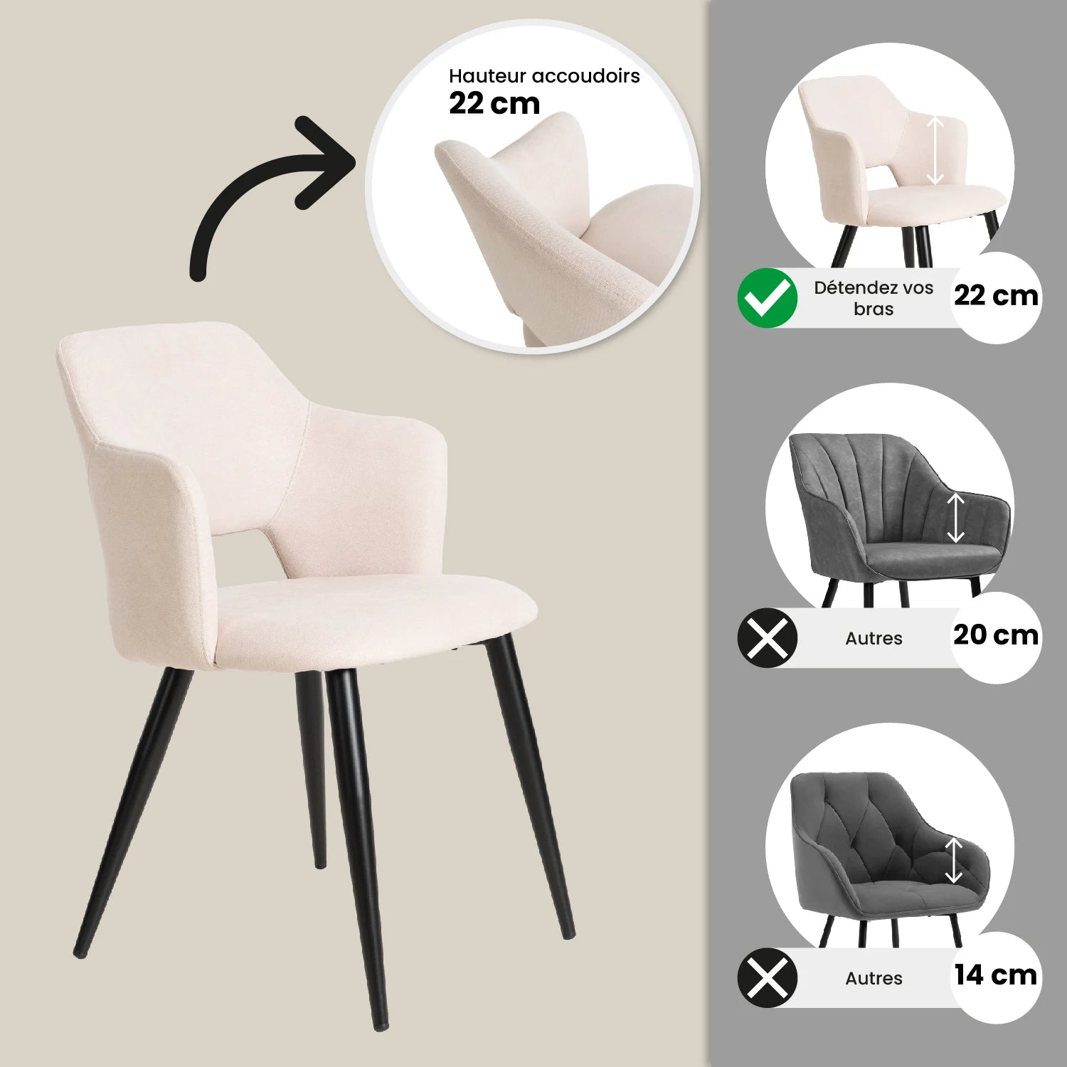 MEUBLES COSY Set of 2 Scandinavian Dining Chairs, Upholstered Kitchen & Living Room Chairs with Metal Legs, Beige, 47×48×80 cm