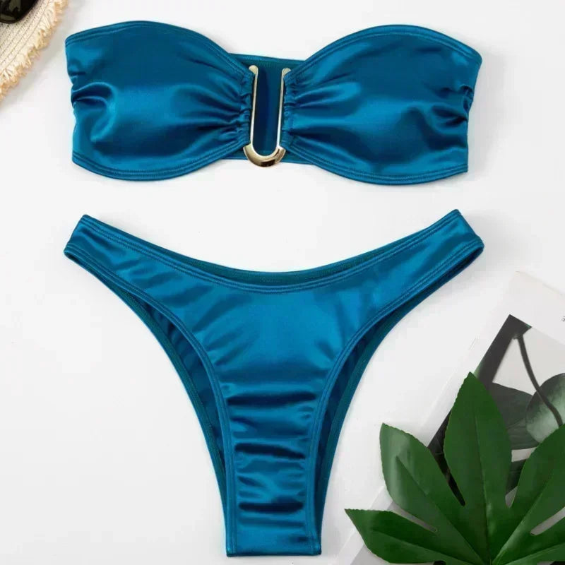 Women’s Summer Push-Up Bandeau Bikini Set – Solid Color Swimwear