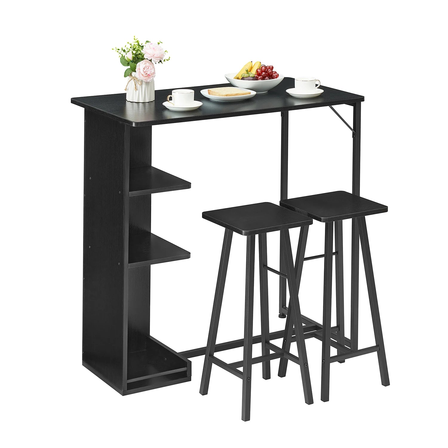 3-Piece Small Bar Table and Chairs Set for 2 with 3-Tier Storage Shelves, Space-Saving Kitchen & Dining Table Set for Small Rooms