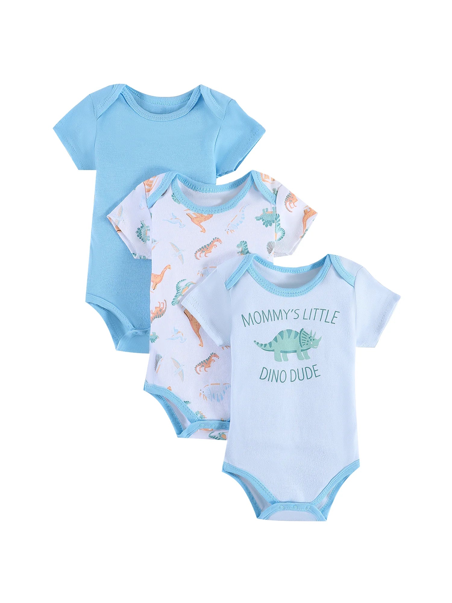3PCS Summer Baby Bodysuit Set – Cartoon Dinosaur & Stripe Rompers for Baby Boys