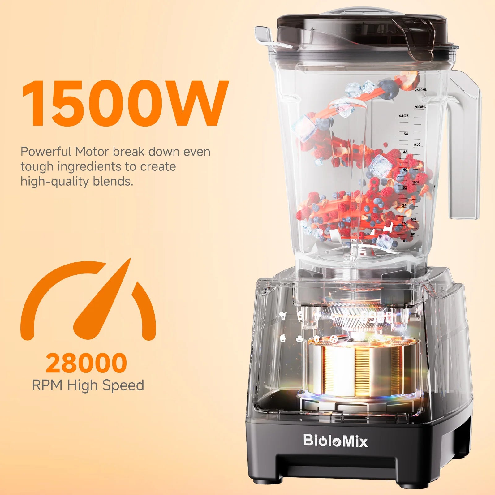 BioloMix Professional Blender – 1500W Power with 2.6L BPA-Free Pitcher & 6 Precision Blades, Elegant Premium Design with 7 Smart Programs for Smoothies, Shakes & Nut Milk.
