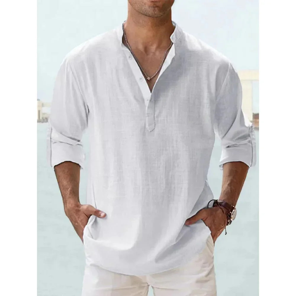Men’s Cotton Linen Short-Sleeve Shirt – Hawaiian Vacation Style
