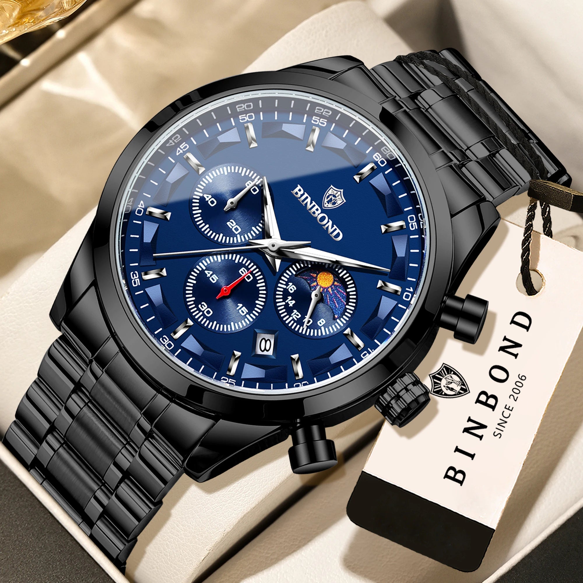 BINBOND Men’s Quartz Watch — luxury design with luminous hands, chronograph function, and auto date, combining business elegance with sporty style