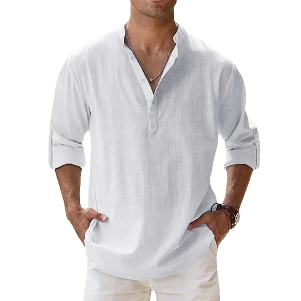 Men’s Cotton Linen Short-Sleeve Shirt – Hawaiian Vacation Style
