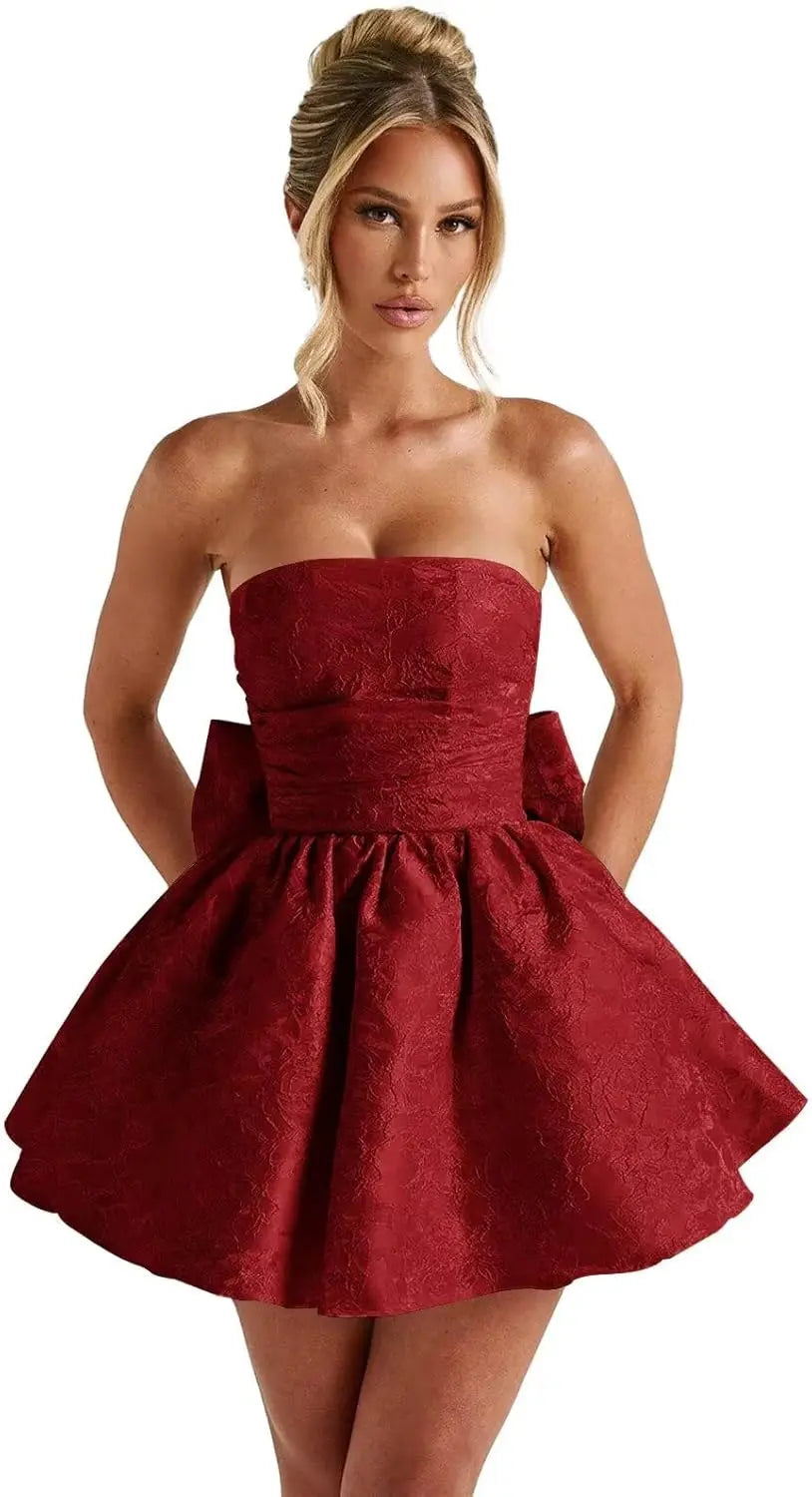 Make a dazzling entrance in this elegant strapless homecoming dress