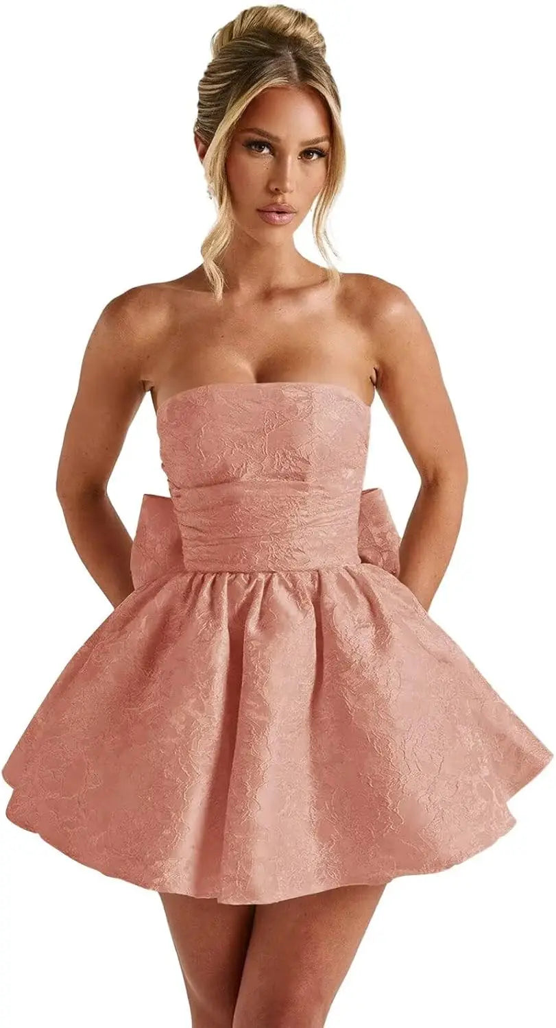 Make a dazzling entrance in this elegant strapless homecoming dress