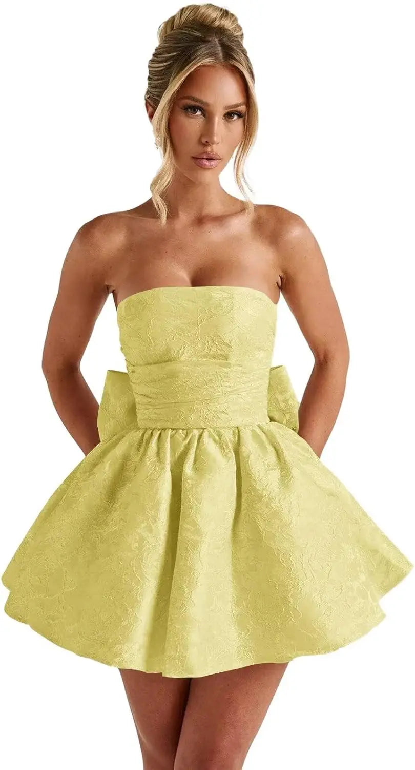 Make a dazzling entrance in this elegant strapless homecoming dress