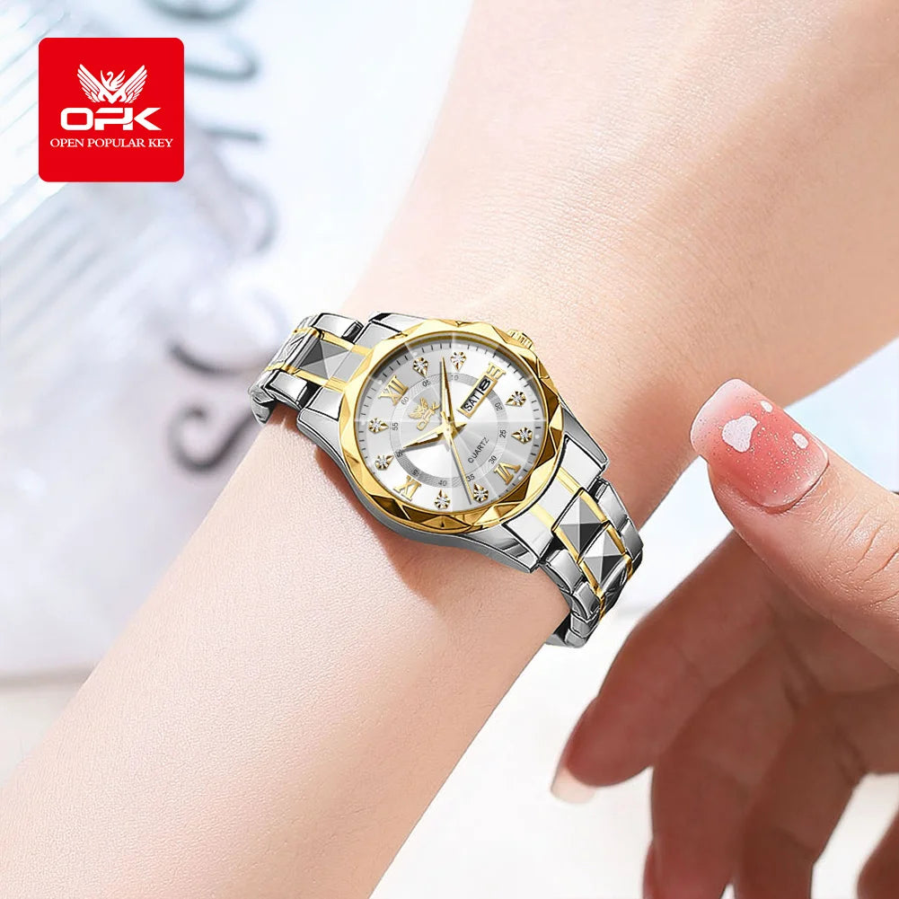 OPK Brand women's steel strip quartz watch dual calendar waterproof night light 6023