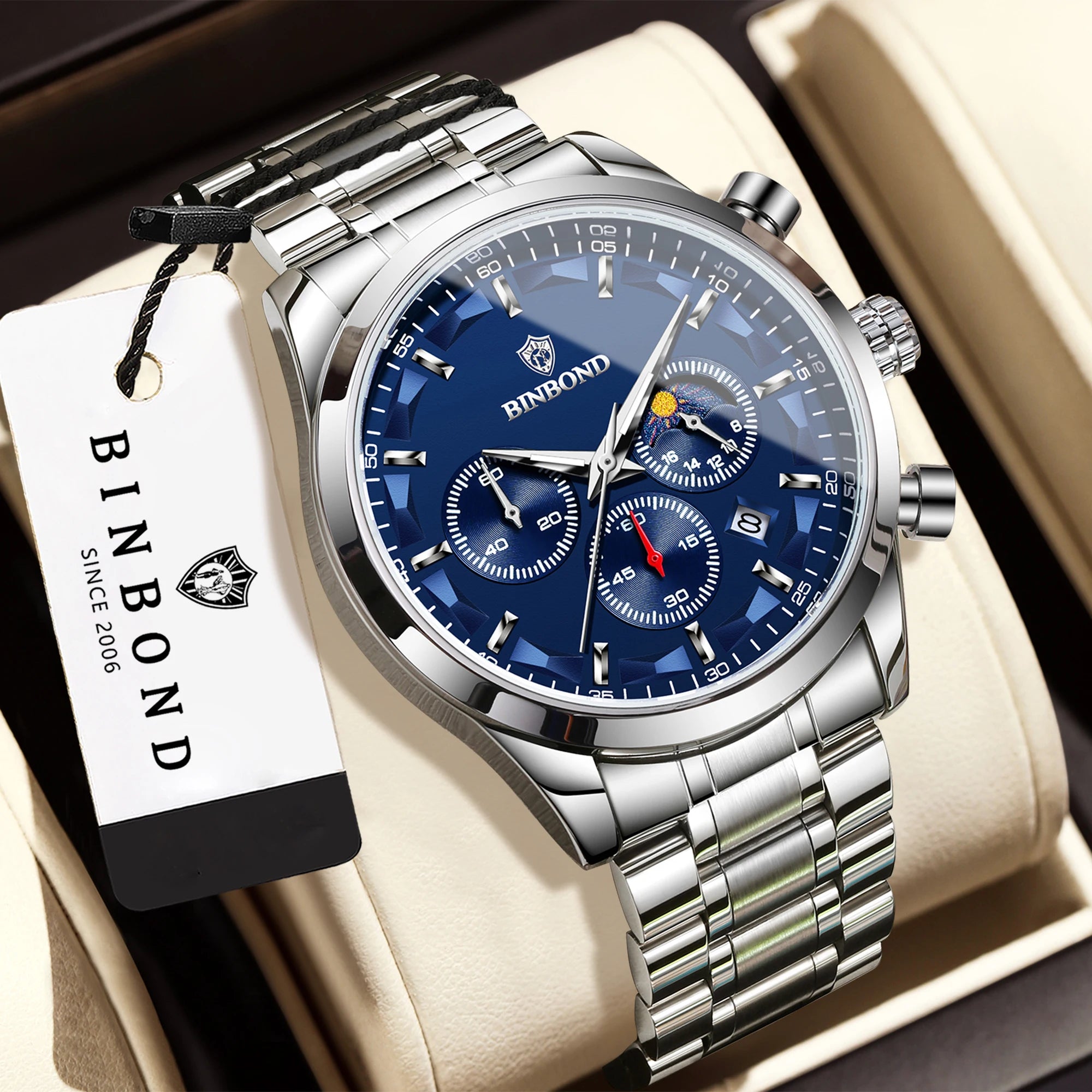 BINBOND Men’s Quartz Watch — luxury design with luminous hands, chronograph function, and auto date, combining business elegance with sporty style