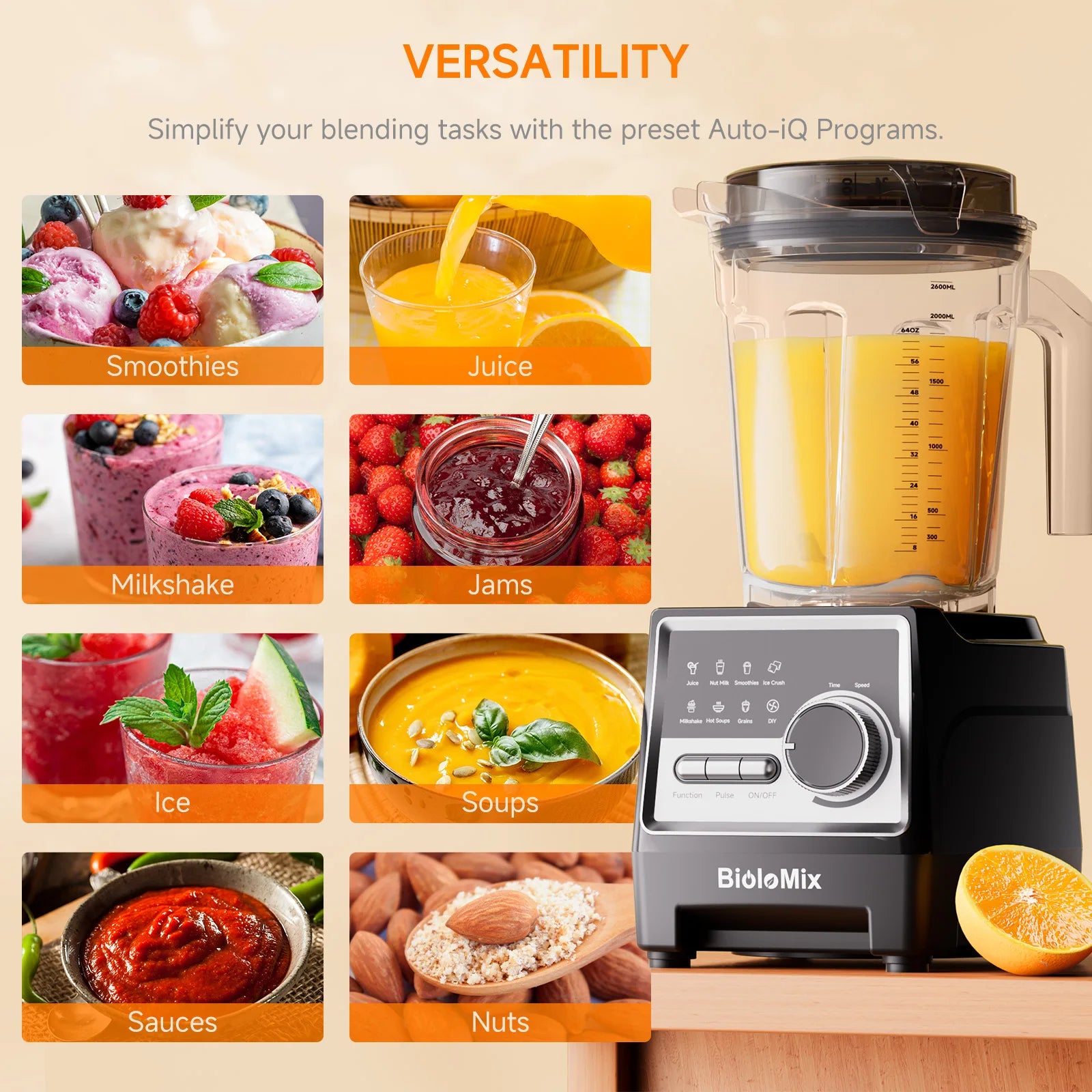 BioloMix Professional Blender – 1500W Power with 2.6L BPA-Free Pitcher & 6 Precision Blades, Elegant Premium Design with 7 Smart Programs for Smoothies, Shakes & Nut Milk.