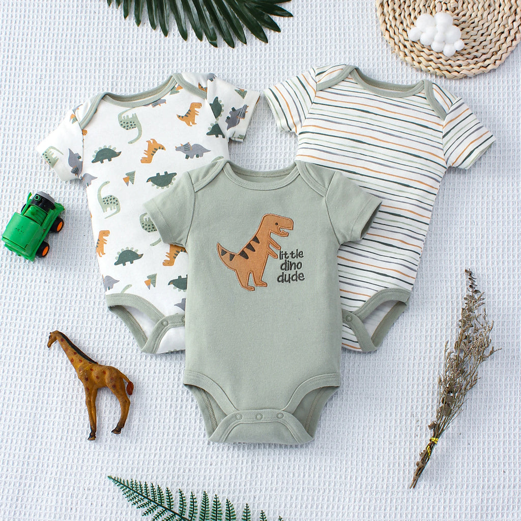 3PCS Summer Baby Bodysuit Set – Cartoon Dinosaur & Stripe Rompers for Baby Boys