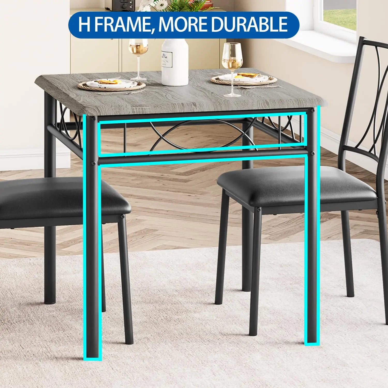 3-Piece Wood Dining Table Set for 2, Compact Square Kitchen Table Set with 2 Upholstered Chairs, Space-Saving Dining Set for Small Dining Rooms, Apartments & Kitchens