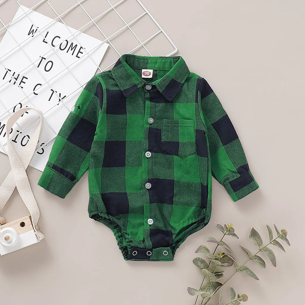 Gentleman Baby Boy Plaid Romper – Long Sleeve Lapel Shirt Jumpsuit for Toddlers