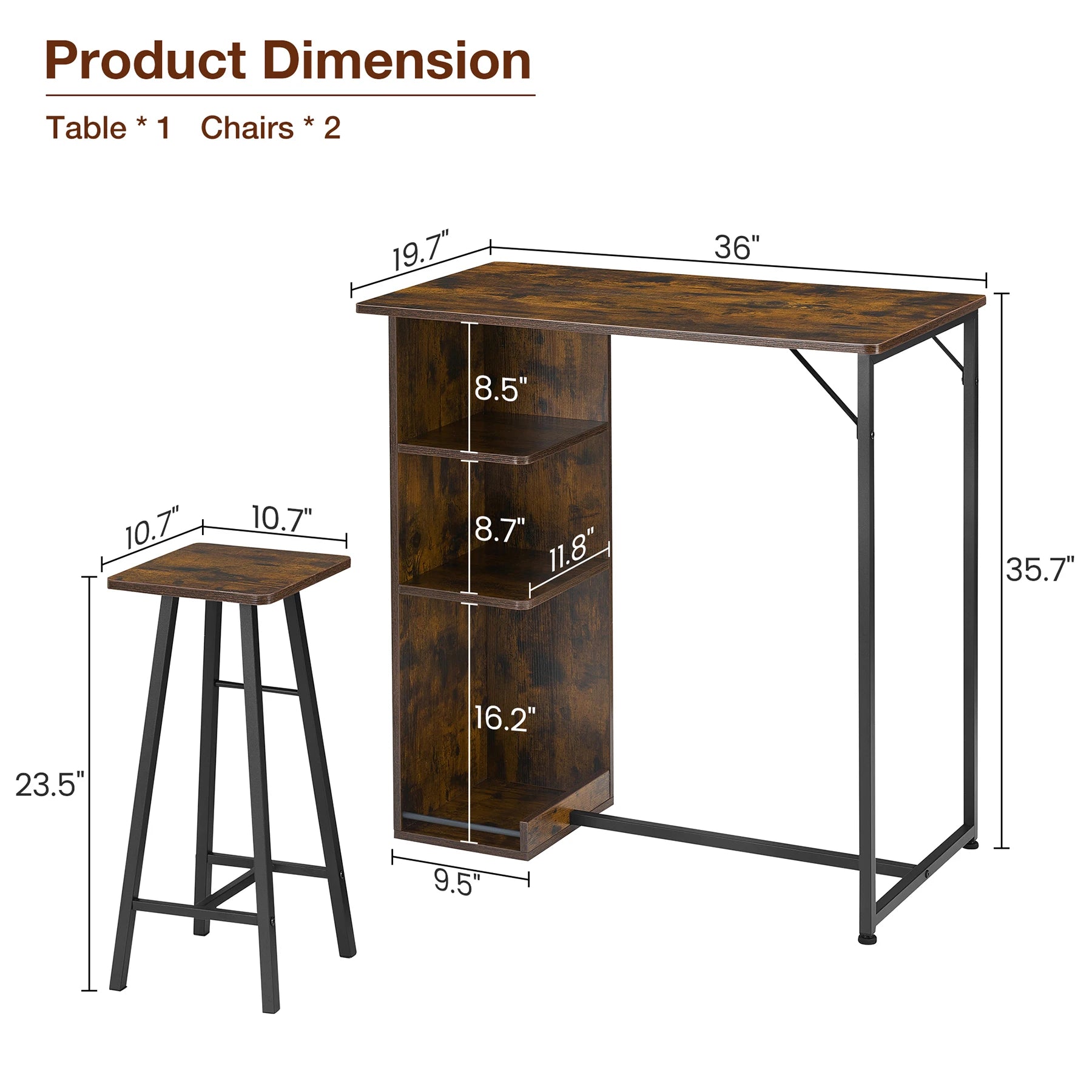3-Piece Small Bar Table and Chairs Set for 2 with 3-Tier Storage Shelves, Space-Saving Kitchen & Dining Table Set for Small Rooms