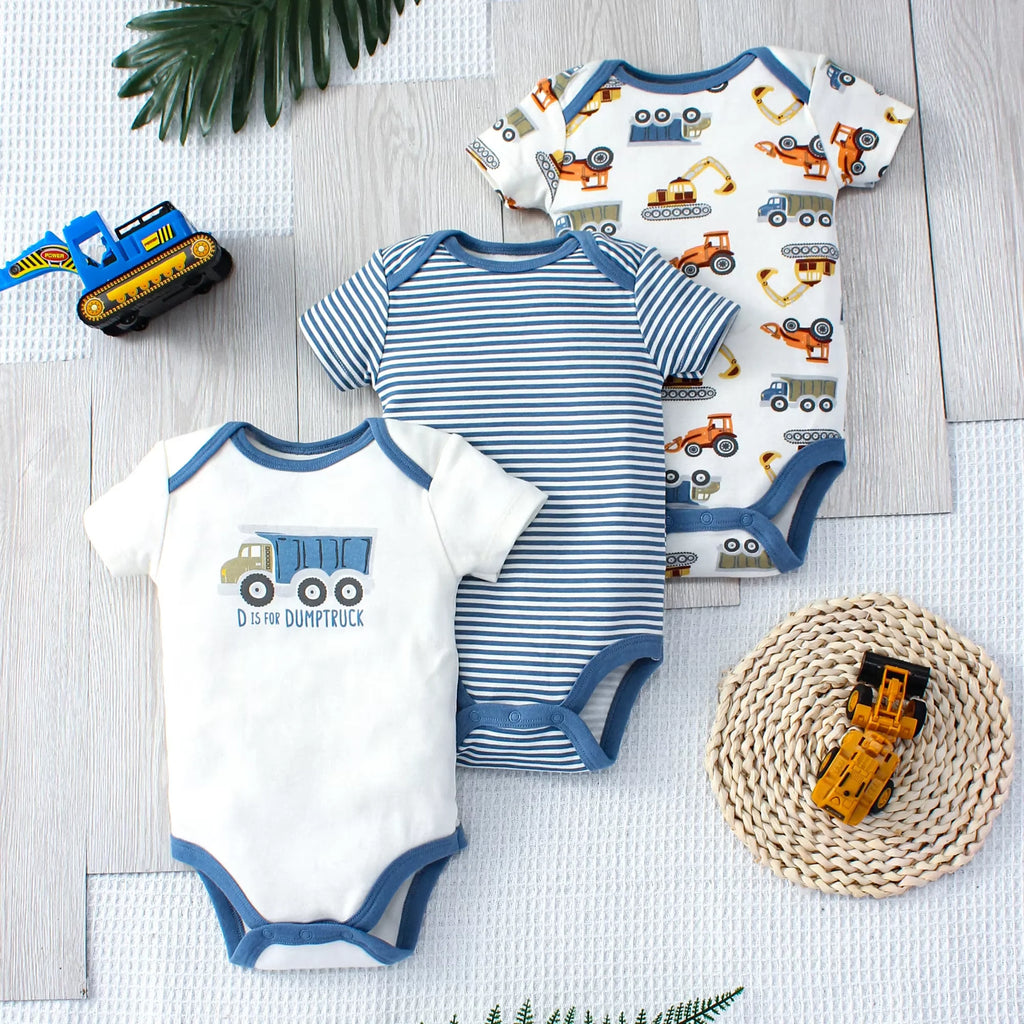 3PCS Summer Baby Bodysuit Set – Cartoon Dinosaur & Stripe Rompers for Baby Boys