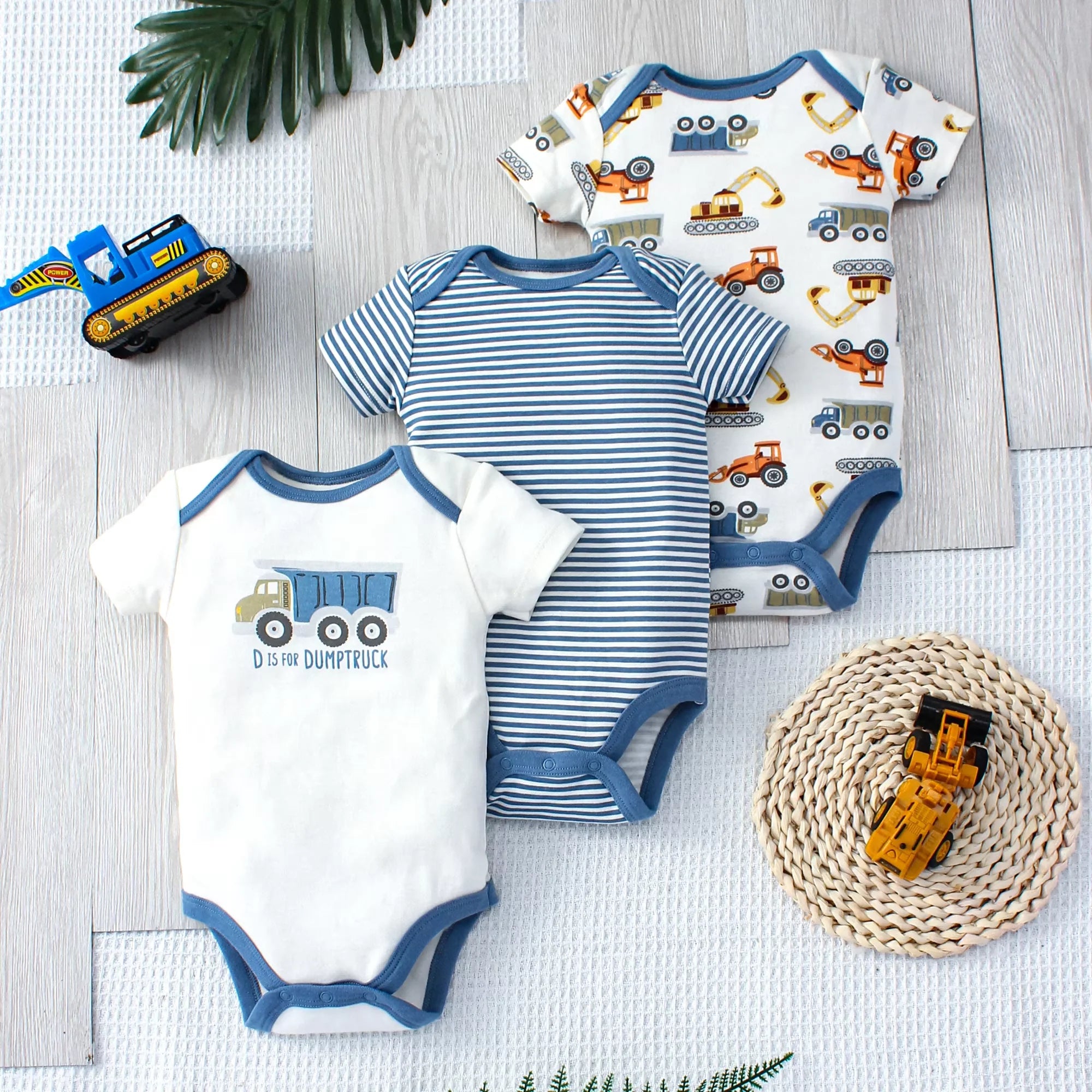 3PCS Summer Baby Bodysuit Set – Cartoon Dinosaur & Stripe Rompers for Baby Boys