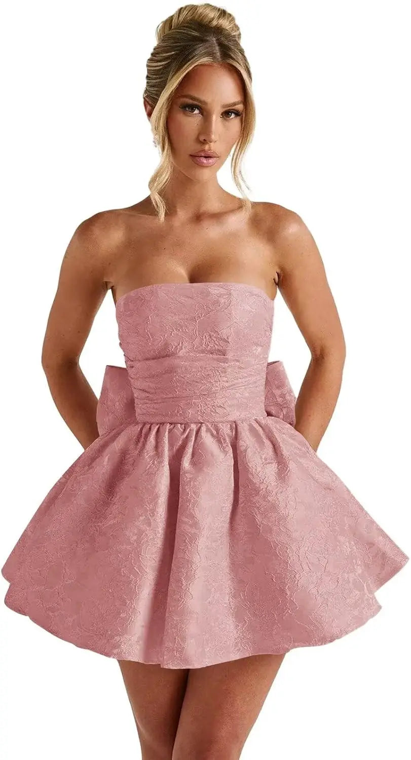 Make a dazzling entrance in this elegant strapless homecoming dress