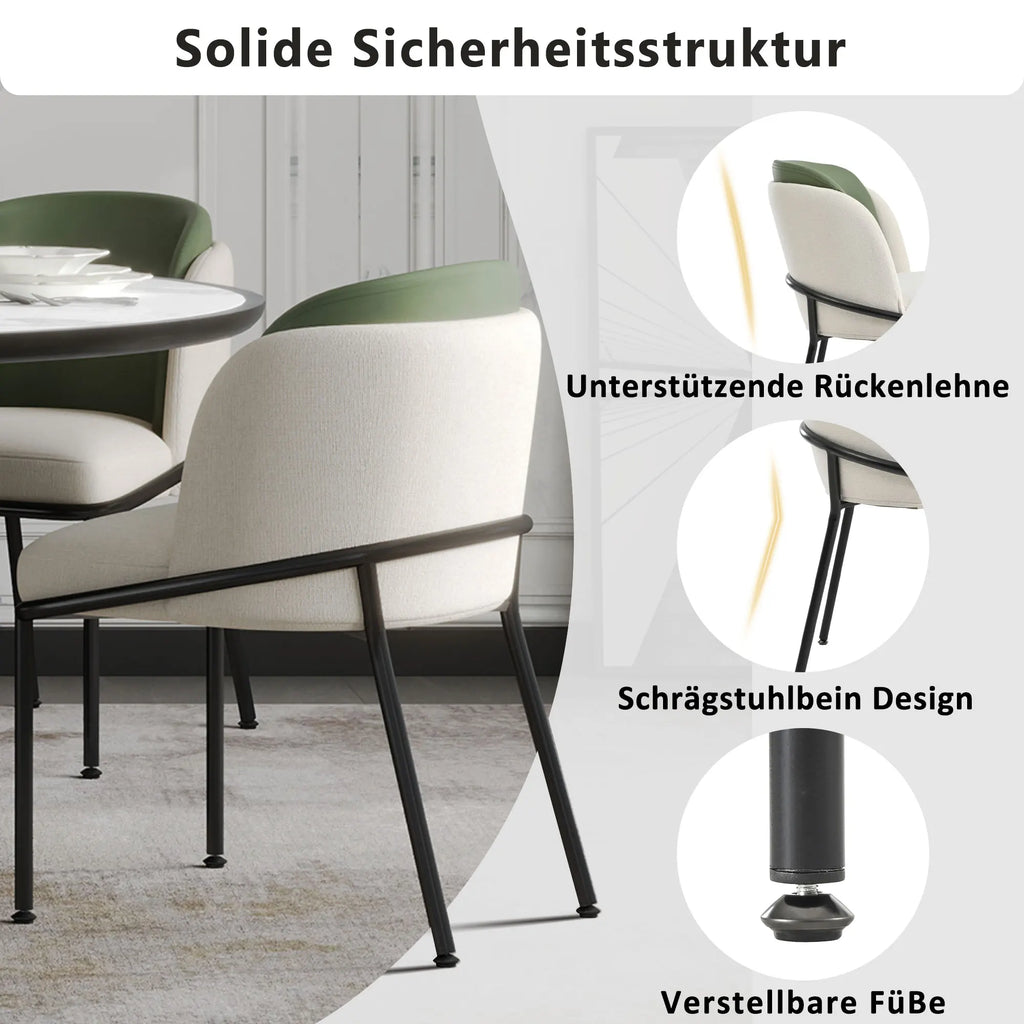 Set of 2 Modern Dining Chairs with Angled Legs & Adjustable Feet, Upholstered Accent Chairs for Living Room, Dining Room & Office, Beige and Green