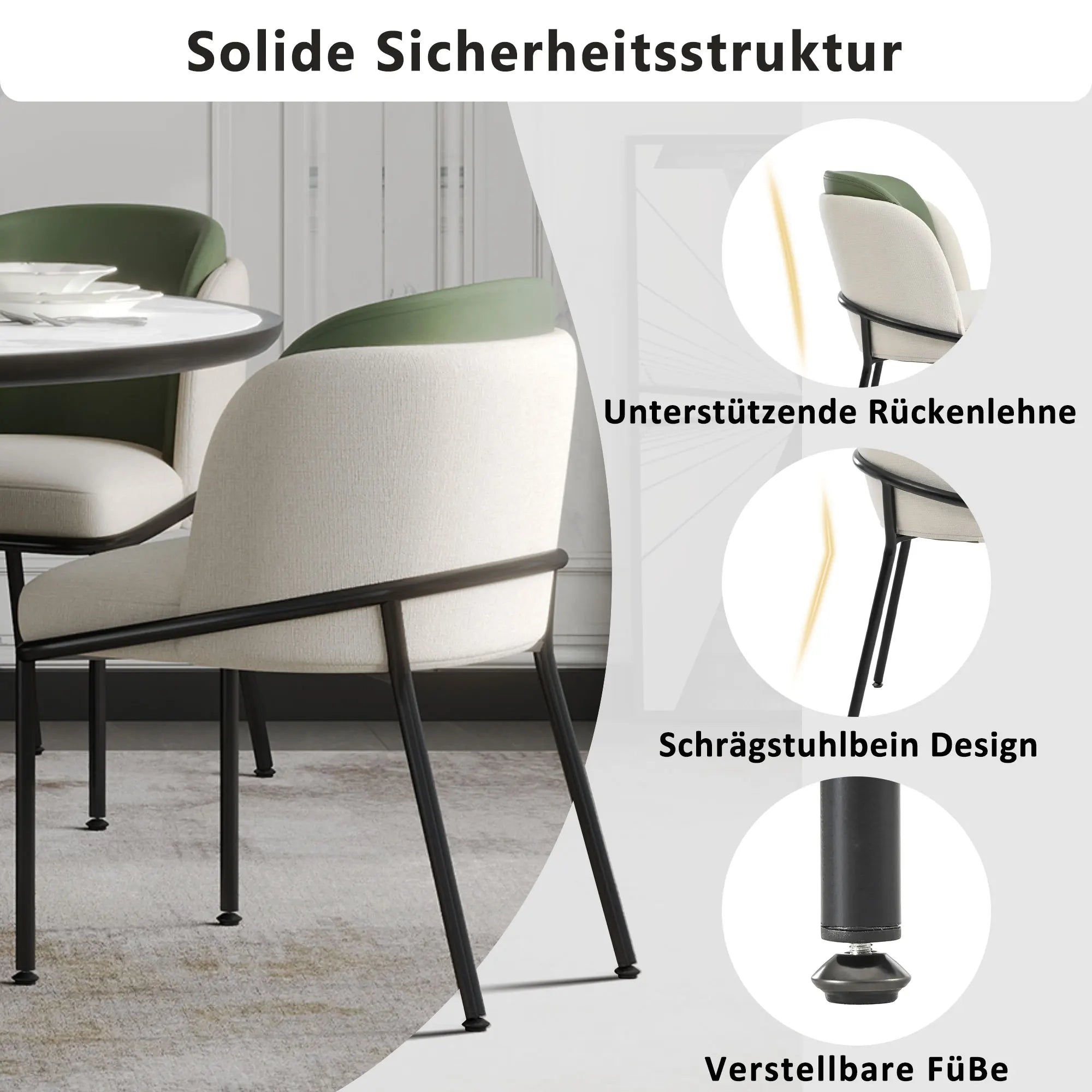 Set of 2 Modern Dining Chairs with Angled Legs & Adjustable Feet, Upholstered Accent Chairs for Living Room, Dining Room & Office, Beige and Green