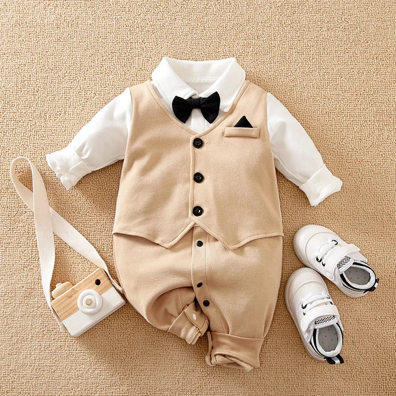 Handsome Gentleman Baby Romper – Soft Cotton Long Sleeve Bodysuit for Newborns