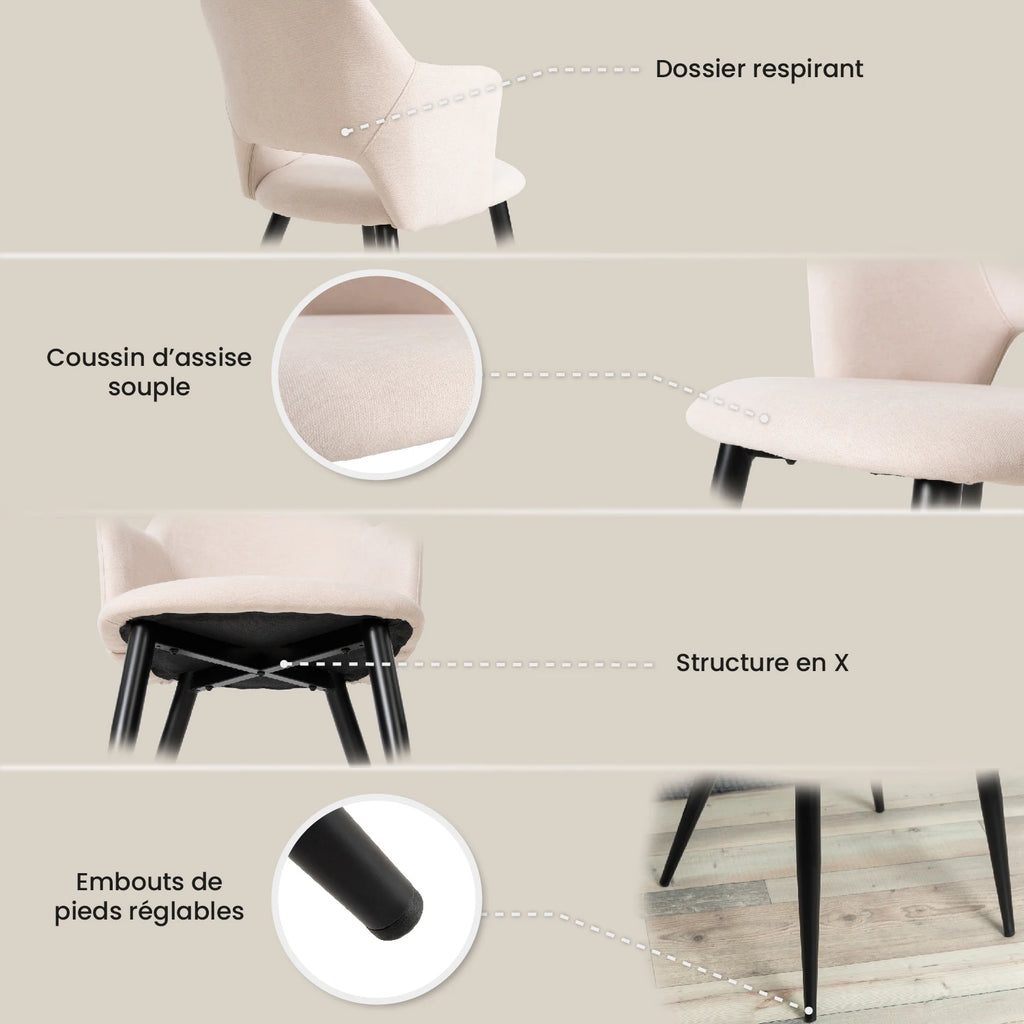 MEUBLES COSY Set of 2 Scandinavian Dining Chairs, Upholstered Kitchen & Living Room Chairs with Metal Legs, Beige, 47×48×80 cm