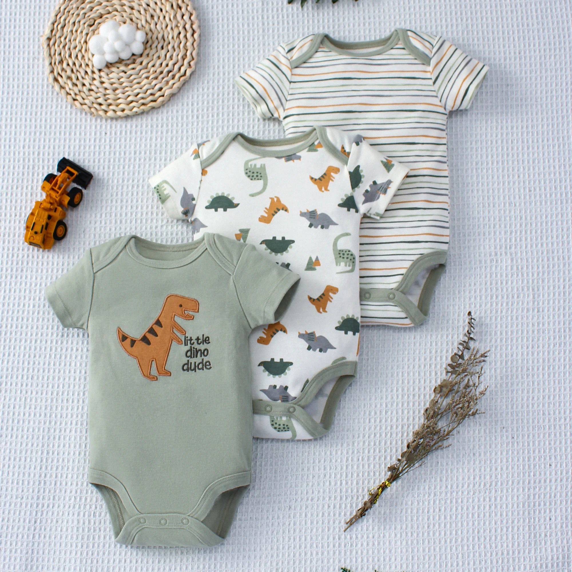 3PCS Summer Baby Bodysuit Set – Cartoon Dinosaur & Stripe Rompers for Baby Boys