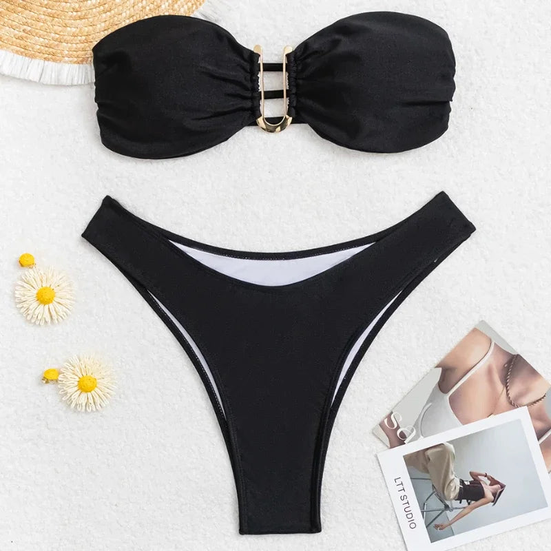 Women’s Summer Push-Up Bandeau Bikini Set – Solid Color Swimwear