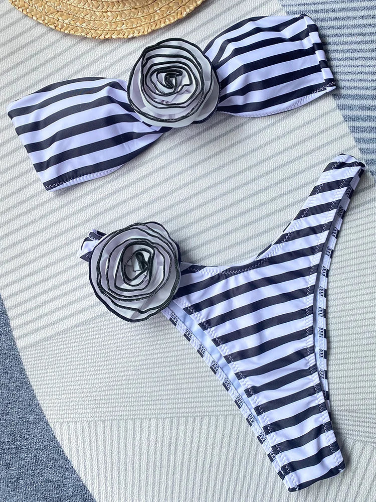 Women’s 3D Flower Bandeau Bikini Set – Brazilian High-Cut Swimwear
