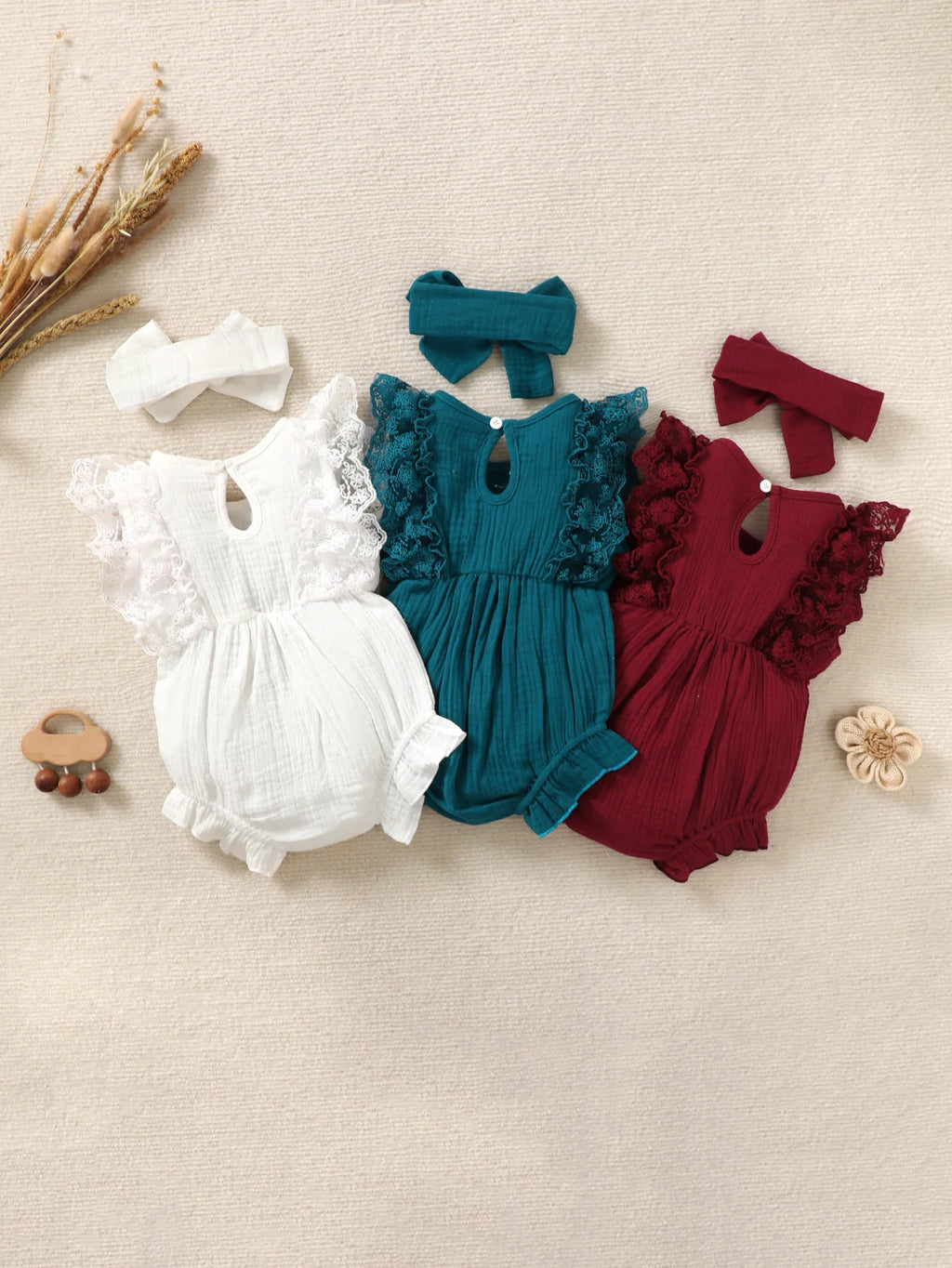 3PCS Baby Girl Lace Romper Set – Pure Color Outfit with Matching Headband