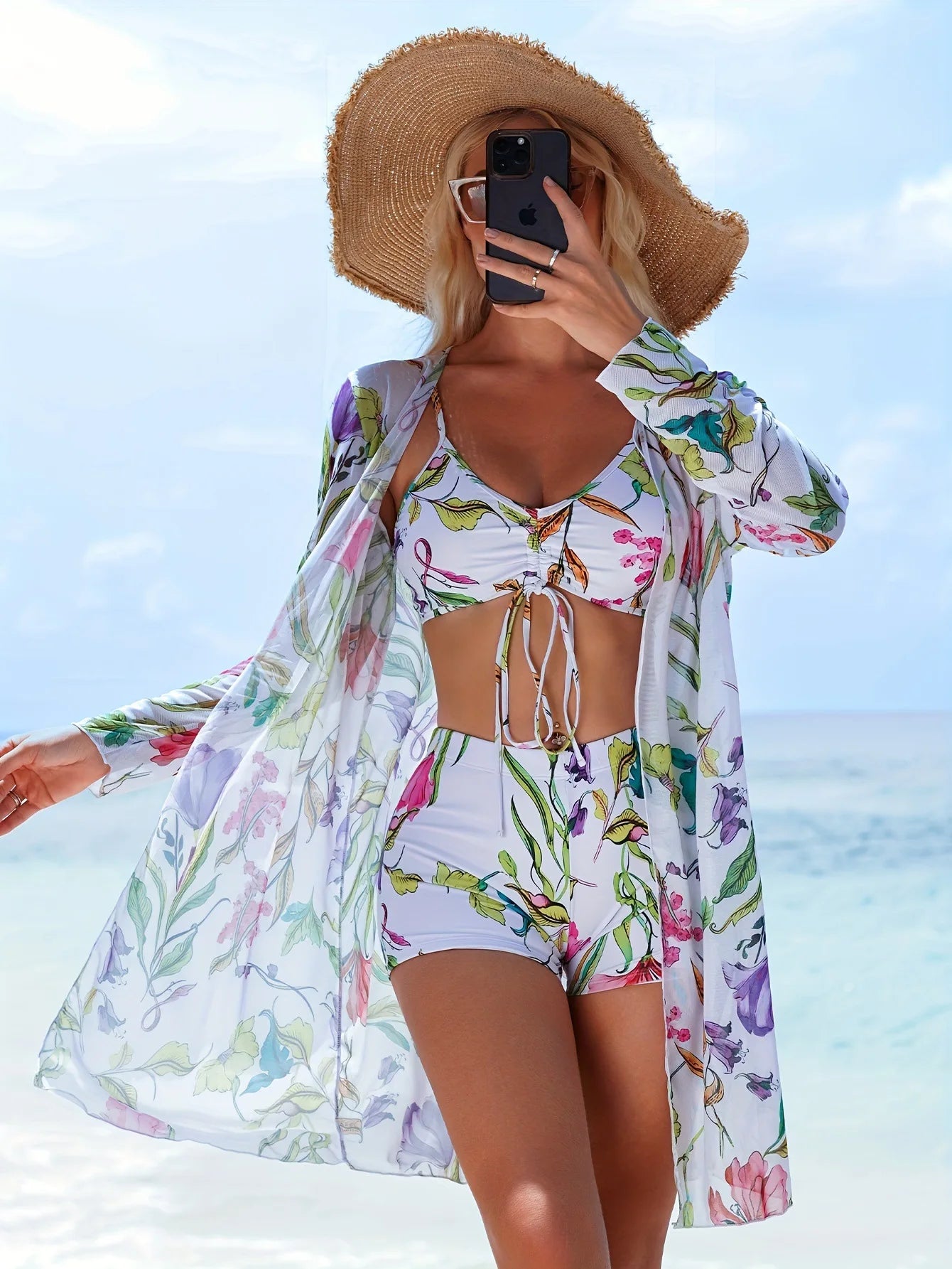 Women’s 3-Piece Bikini Set – High Waist Swimwear with Cover-Up
