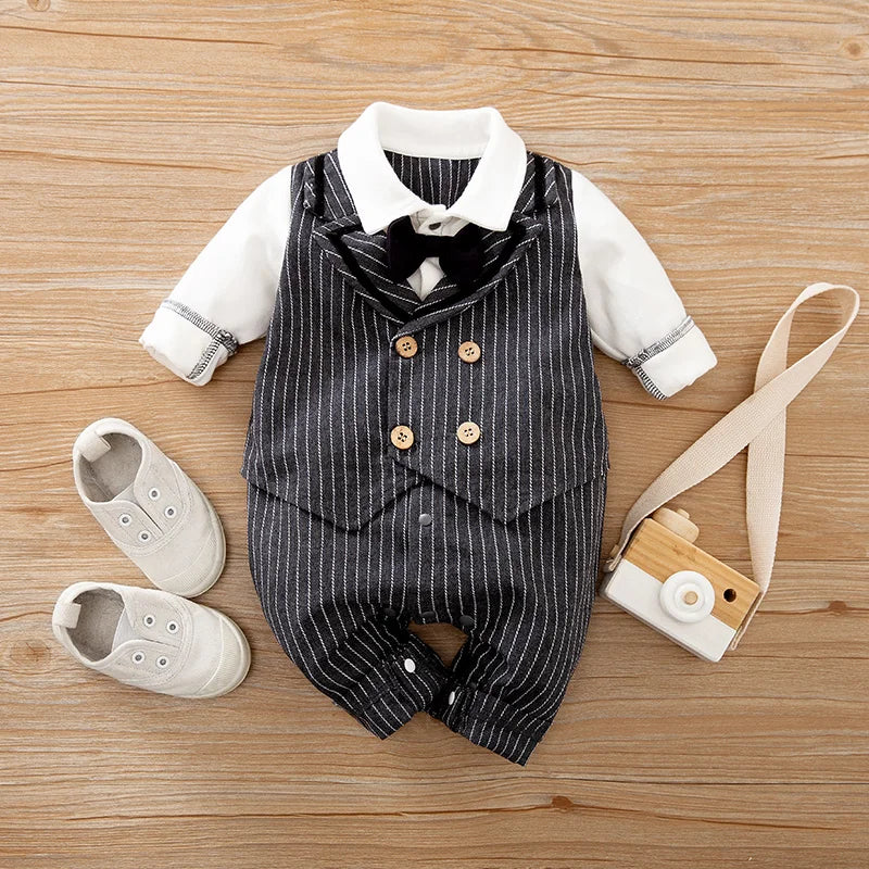 Handsome Gentleman Baby Romper – Soft Cotton Long Sleeve Bodysuit for Newborns