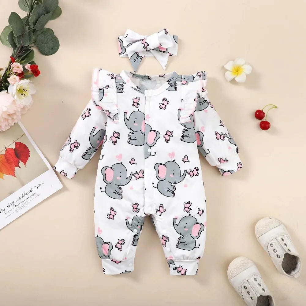 Baby Girl Elephant Outfit – Long Sleeve Casual Romper with Matching Headband